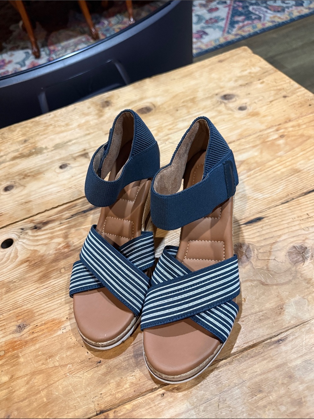 Kelly & Katie Navy Striped Crisscross Wedge Sandals